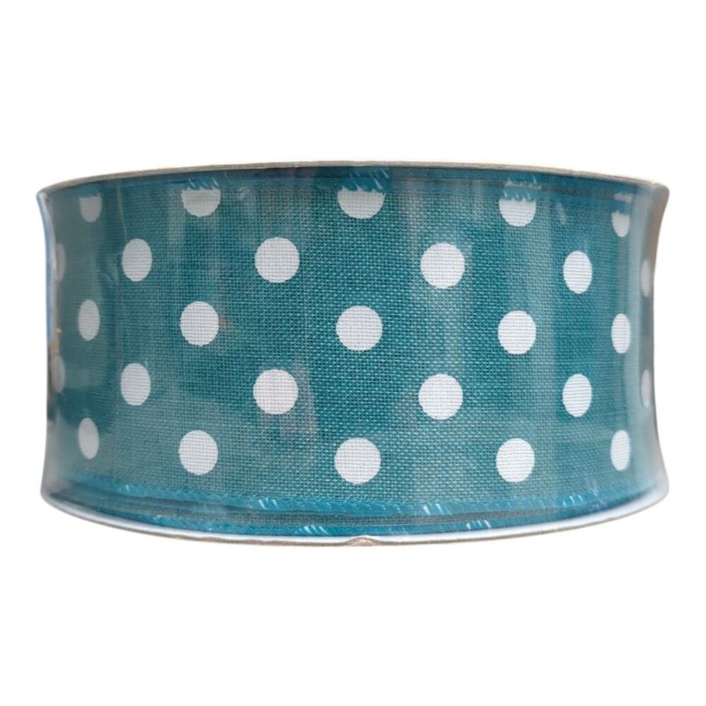 Member's Mark Premium Wired Edge Spring Ribbon, 2.5in x50Yds - Dotted Teal